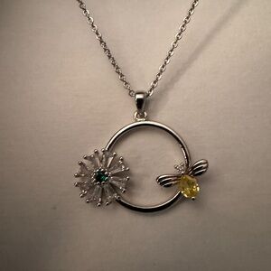 Park Lane Silver Floral & Bee Pendant Necklace with Yellow  Green Stones